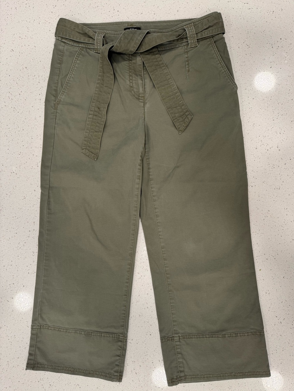 LOFT Petites Green Cropped Straight-Leg‎ Pants, Tie Waist, Pockets, Cotton Twill
